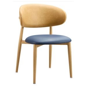 Curved backrest hospitality restaurant chair with metal woodgrain frame, and upholstered seat, designed for comfort and durability in hospitality and dining venues.