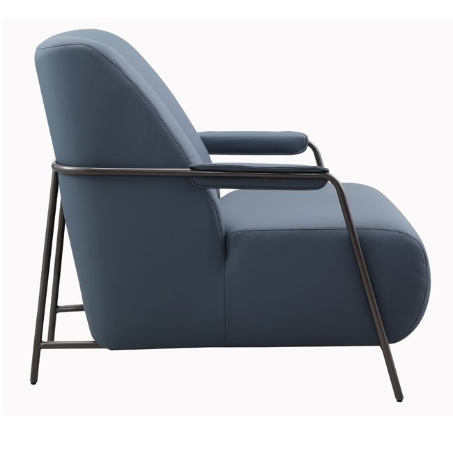 Contemporary lounge chair with soft blue upholstery, cushioned armrests, and curved black metal frame – designed for comfort in upscale hospitality or commercial spaces