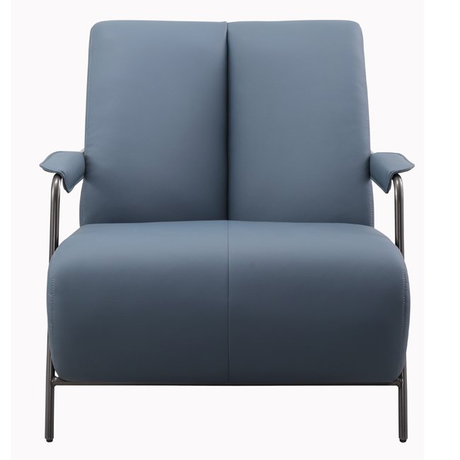Contemporary lounge chair with soft blue upholstery, cushioned armrests, and curved black metal frame – designed for comfort in upscale hospitality or commercial spaces