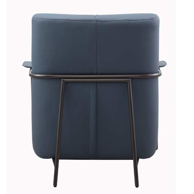 Contemporary lounge chair with soft blue upholstery, cushioned armrests, and curved black metal frame – designed for comfort in upscale hospitality or commercial spaces