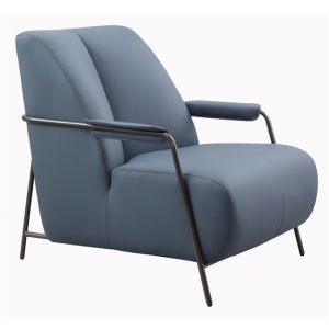 Contemporary lounge chair with soft blue upholstery, cushioned armrests, and curved black metal frame – designed for comfort in upscale hospitality or commercial spaces