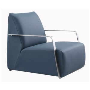 Modern lounge chair with deep blue upholstered seat and backrest, featuring sleek brushed metal armrests and minimalist design – ideal for commercial or hospitality interiors