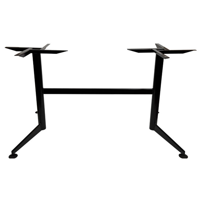 Black powder coat twin leg steel table base suitable for rectangular dining or round bistro tables, commonly used in hospitality venues such as bistros, cafes, restaurants, and pubs. Designed for commercial durability and stability.