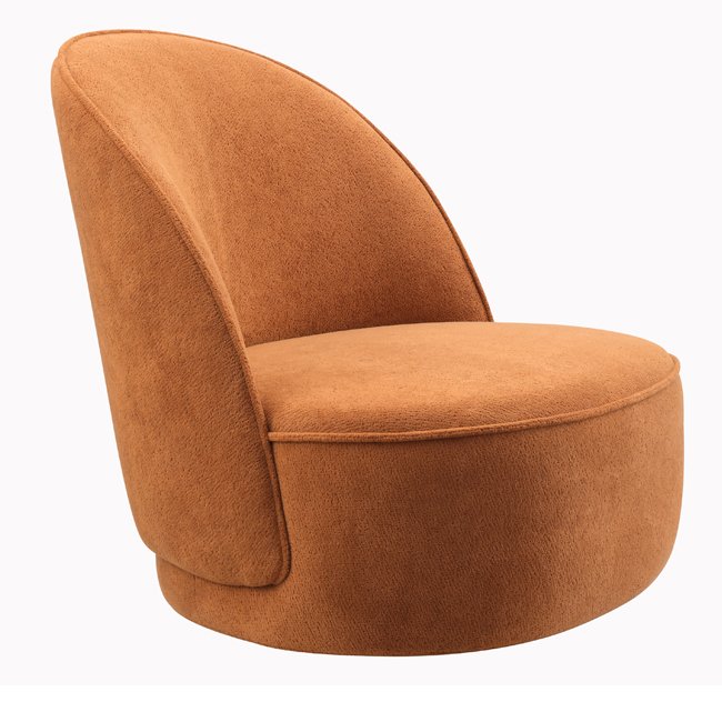 Curved back lounge chair in rich terracotta fabric with plush cushioning and a rounded base – a stylish, commercial-grade seating option built for durability in commercial hotels, lobbies, lounge or reception areas