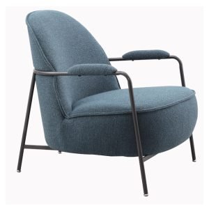 Modern blue lounge chair with curved backrest, textured upholstery, and cushioned metal armrests – a durable, commercial-grade seating solution ideal for commercial venues including hotels, pubs, gaming rooms, hospitality lounges, waiting areas, lobbies or reception areas