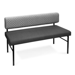 Custom-designed Scandi bench seat with upholstered backrest and seat, featuring a sleek black frame. Built for commercial hospitality settings such as cafes, restaurants, and dining venues. Ideal for banquette or booth-style seating.